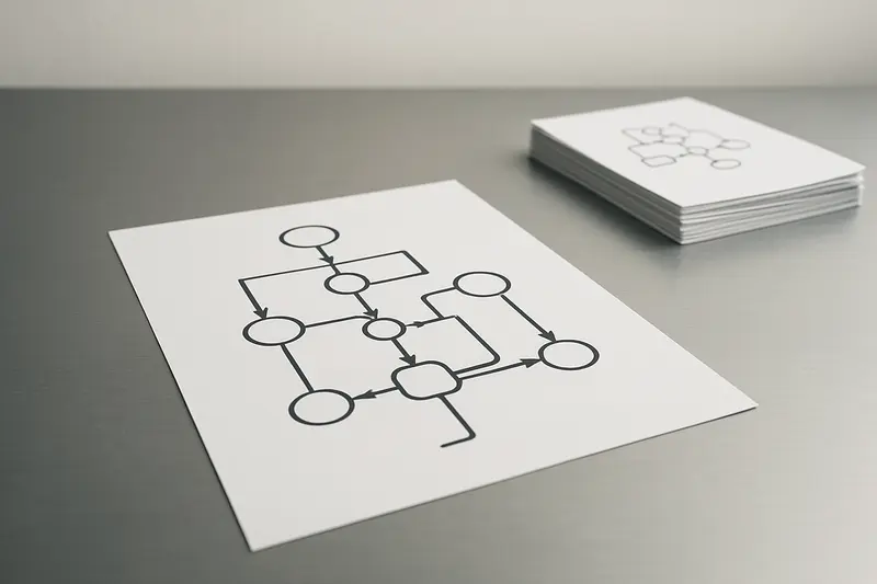 A sheet of paper with a network diagram of connected circles and arrows lies on a table beside a stack of similar sheets.