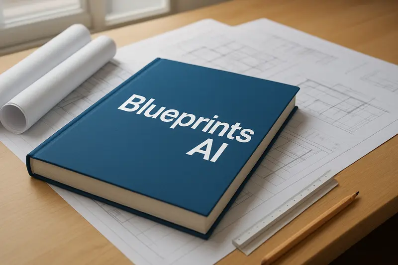 A blue book labeled “Blueprints AI” rests on architectural drawings beside rolled plans, a ruler, and a pencil.