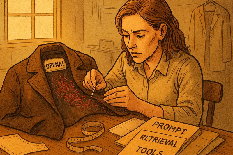 A woman stitches red threads into a brown coat labeled “OPENAI,” beside measuring tape and papers marked “PROMPT RETRIEVAL
