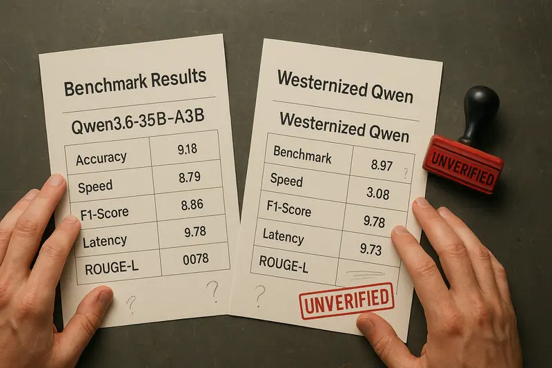 Two hands hold benchmark sheets labeled Qwen, with handwritten marks, red UNVERIFIED stamps, and a black stamp beside them.