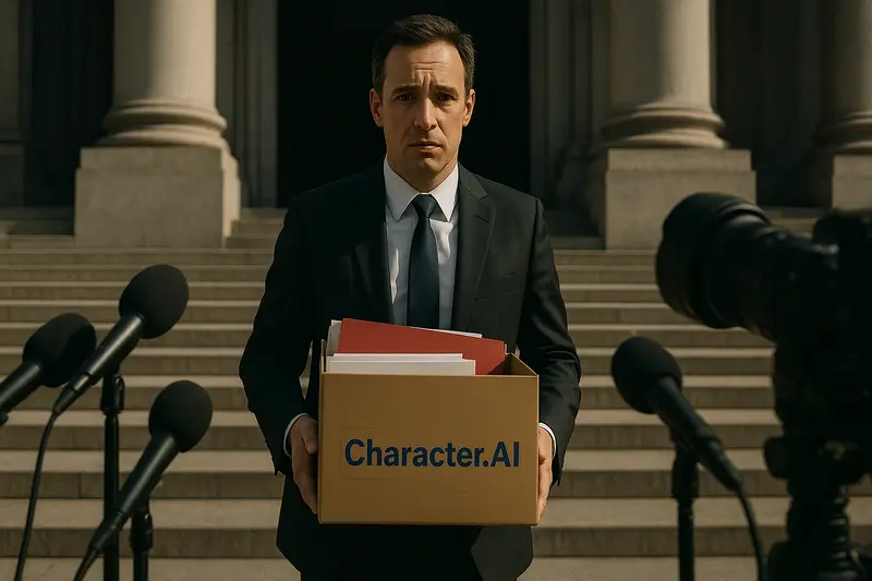 A suited man holds a box labeled “Character.AI” on courthouse steps, surrounded by microphones and cameras.