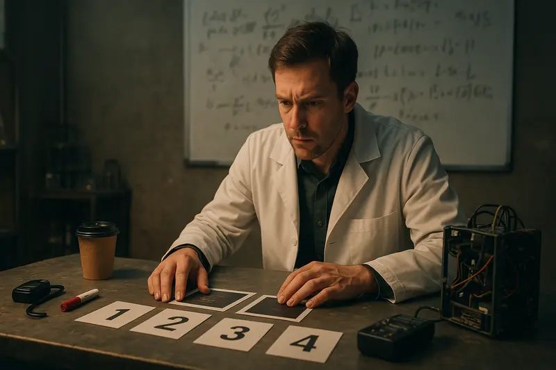 A man in a white lab coat studies numbered cards on a table beside electronic equipment and a coffee cup.