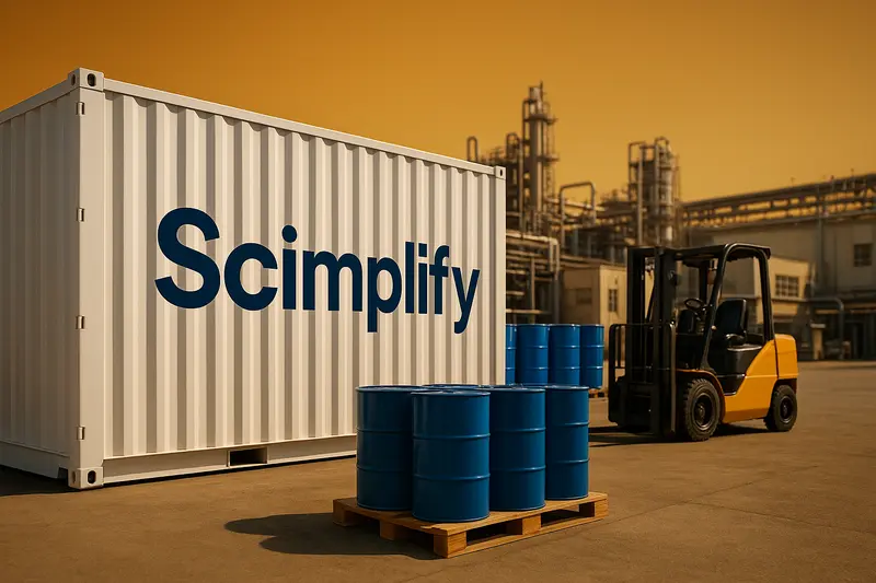 A forklift sits beside blue barrels and a white shipping container marked “Simplify” at an industrial facility.