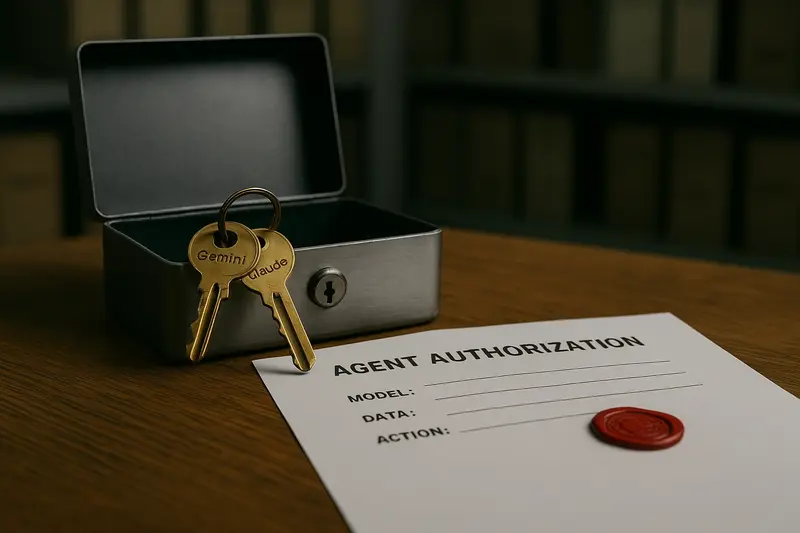 An open metal box holds two keys labeled Gemini and Claude beside an “Agent Authorization” form with a red seal.