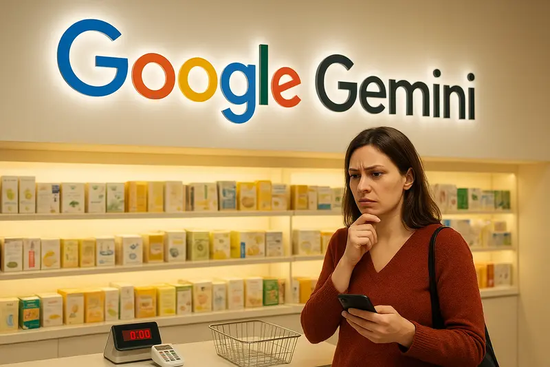 A woman holding a smartphone stands beside a shopping basket in a store beneath a Google Gemini sign.