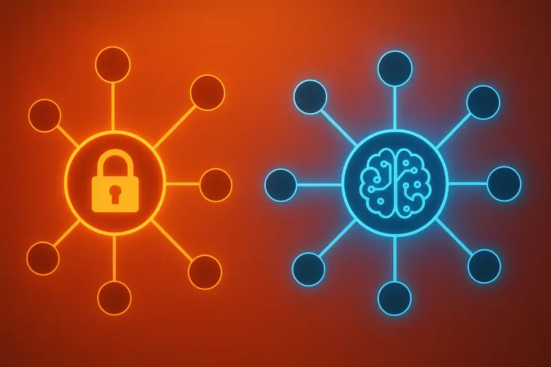 Glowing orange lock and blue brain symbols appear as network hubs against a red-to-blue gradient background.