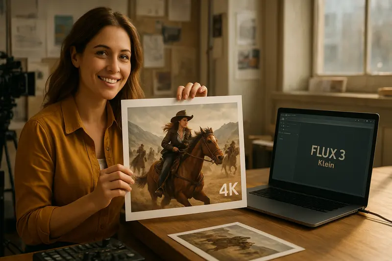 A smiling woman holds a 4K print of a cowgirl riding a horse beside a laptop displaying “FLUX 3 Klein.