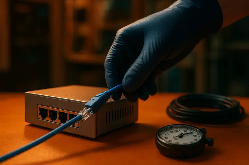 A gloved hand plugs a blue Ethernet cable into a small metal network device beside a coiled cable and gauge.