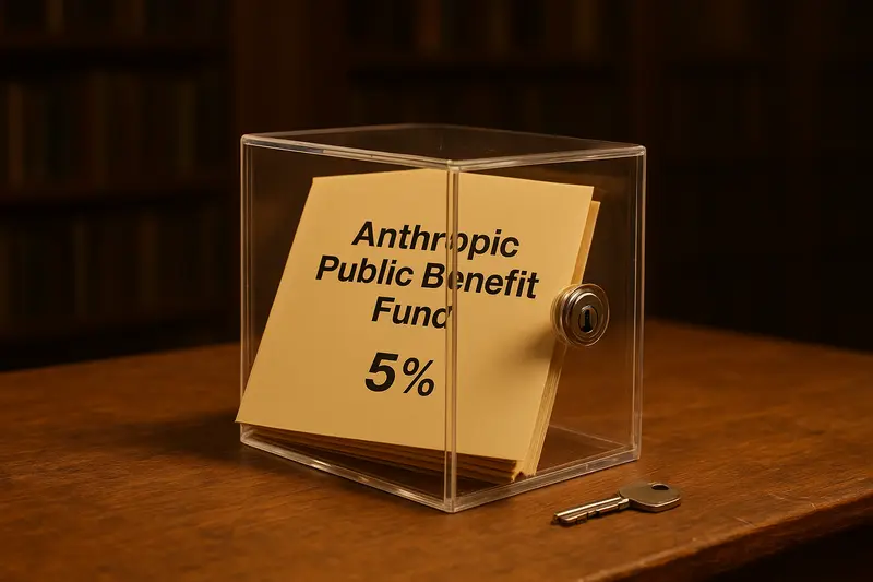 A clear lockbox holds a note reading “Anthropic Public Benefit Fund 5%,” with a key beside it on a wooden table.