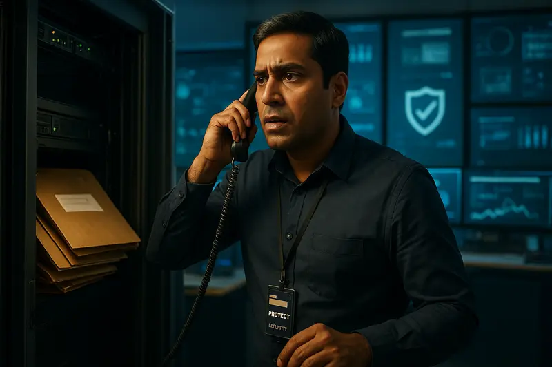 A security worker speaks on a telephone beside server equipment and folders, with cybersecurity monitors glowing behind him.