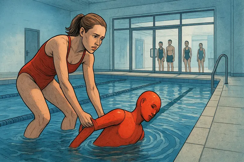 A woman in a red swimsuit supports a red-clad swimmer in an indoor pool as four people watch through glass doors.