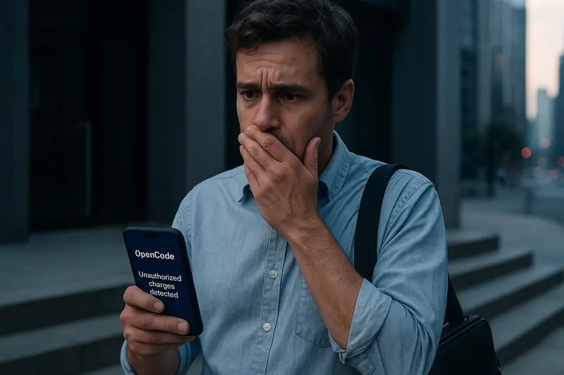 A concerned man covers his mouth while holding a phone displaying “OpenCode Unauthorized charges detected” on a city street.