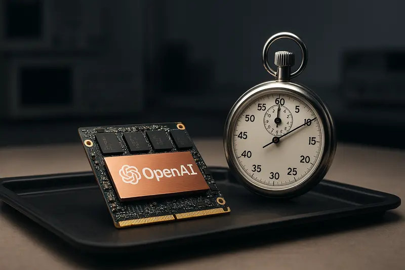 An OpenAI-branded circuit board rests beside a silver stopwatch on a black tray.