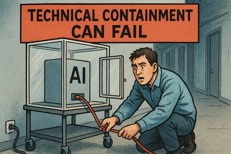 A startled man pulls a power cord from a wheeled glass enclosure labeled “AI” beneath a “Technical Containment Can Fail”