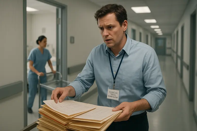 A concerned man carries a large stack of folders through a hospital hallway as a nurse pushes a cart behind him.