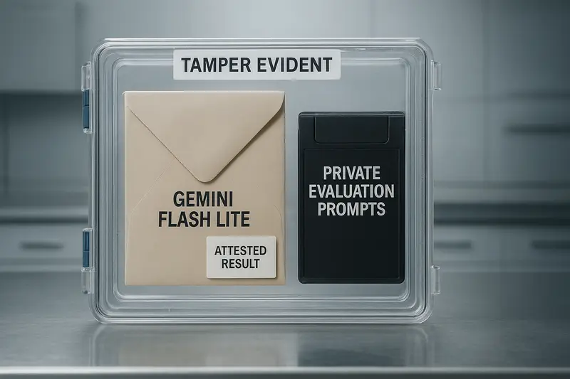 A tamper-evident case contains an envelope labeled “Gemini Flash Lite” and a black booklet marked “Private Evaluation