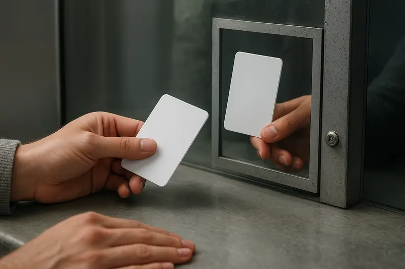 A person holds a blank white card beside a window displaying another card, with a second hand resting on the counter.