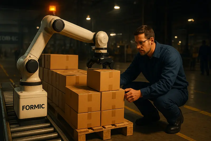A worker crouches beside stacked cardboard boxes and a large robotic arm in a dim warehouse.