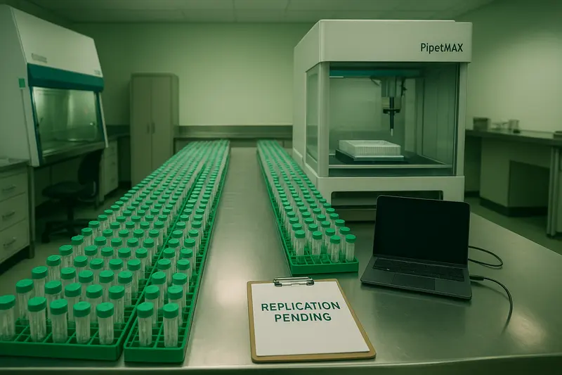 Rows of green-capped test tubes line a lab bench beside an automated pipetting machine, laptop, and “Replication Pending”