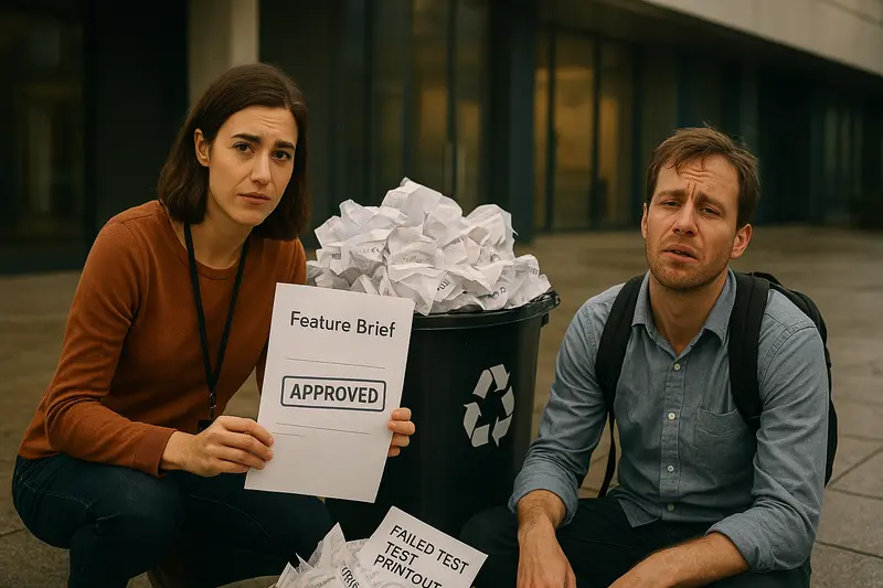 Two people crouch beside an overflowing recycling bin as a woman holds an “Approved” feature brief.