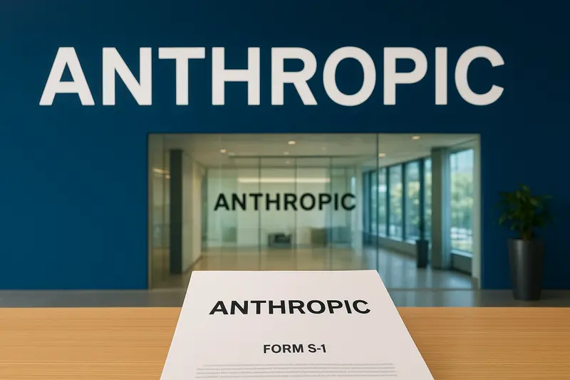 Anthropic signage appears above a glass office entrance, with an Anthropic Form S-1 document on a wooden table.