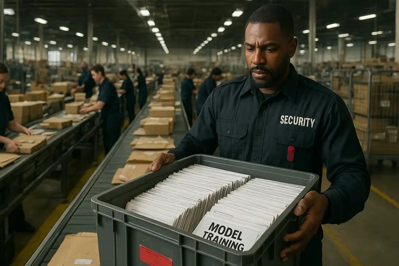 A security guard carries a crate of documents labeled “MODEL TRAINING” through a busy warehouse.