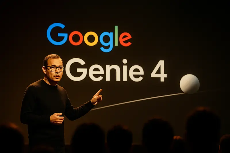 A presenter points toward a screen reading “Google Genie 4,” with a white sphere and audience silhouettes in front.