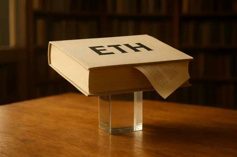 A thick book labeled “ETH” rests on a clear stand atop a wooden table, with a page hanging open.