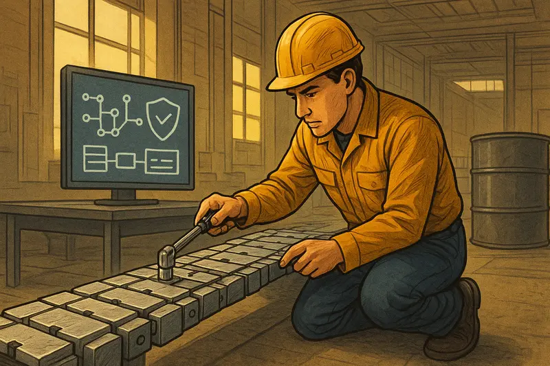 A worker in a hard hat kneels beside a row of blocks, using a tool while a monitor stands behind him.