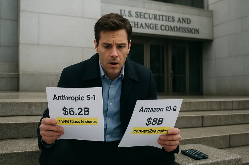 A man sits outside the U.S. Securities and Exchange Commission holding signs about Anthropic and Amazon financing.