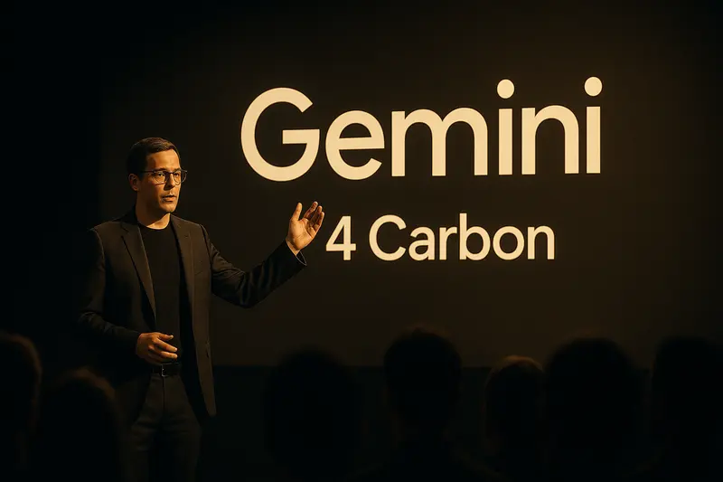 A presenter gestures toward a large screen displaying the words “Gemini 4 Carbon” before an audience.