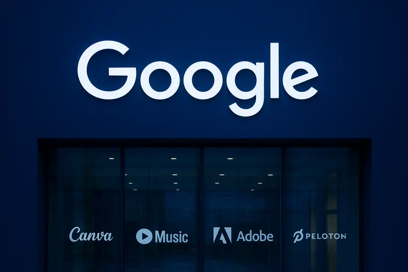 Google logo above a dark glass entrance displaying Canva, Music, Adobe, and Peloton logos.