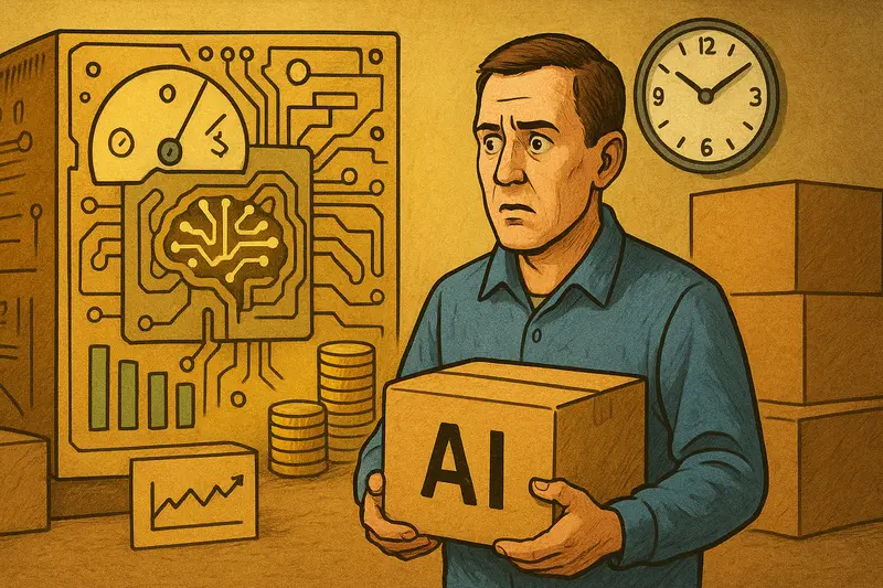 A worried man holds a box labeled “AI” beside circuit diagrams, coin stacks, cardboard boxes, and a wall clock.